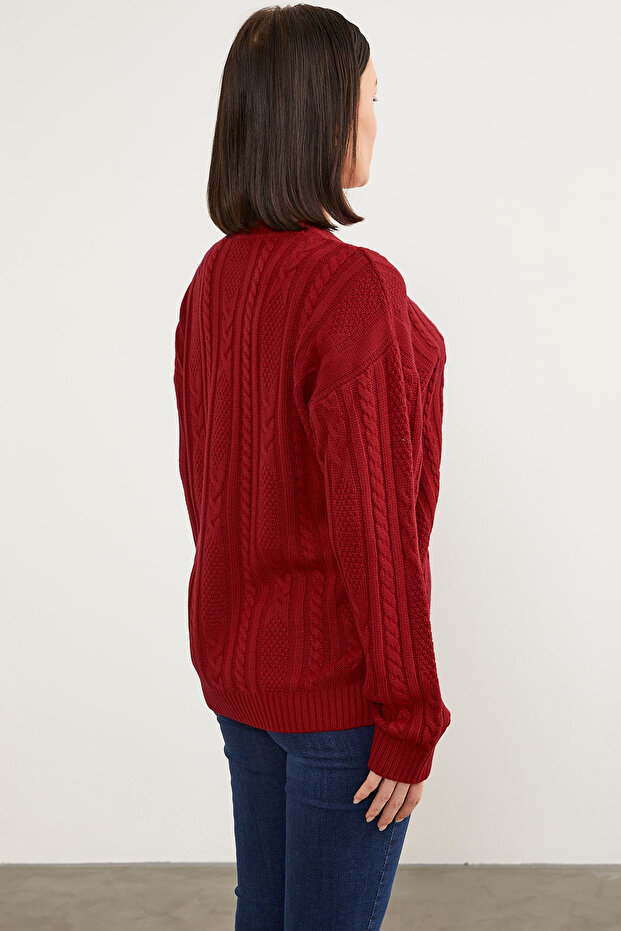 Saç Örgü Detaylı Basic Triko Kazak - Kırmızı - 6