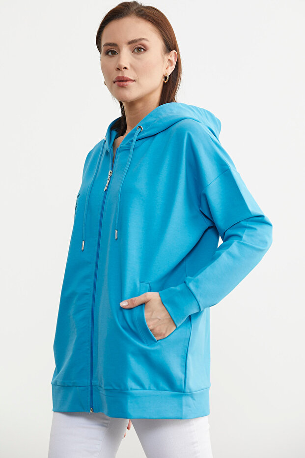 Fermuarlı Oversize Sweat - Mavi - 2