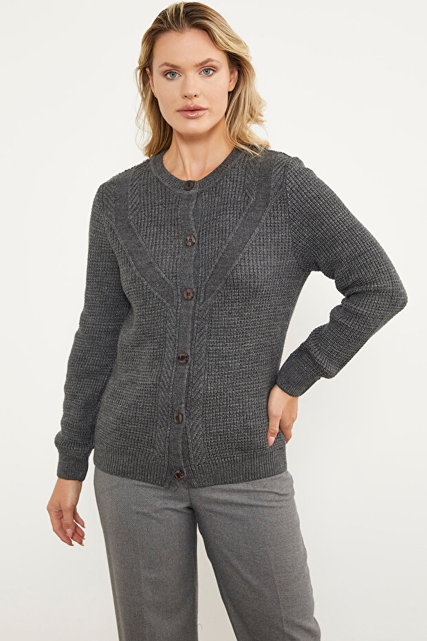 Honeycomb Knitted Buttoned Knitwear Cardigan - Dark Gray
