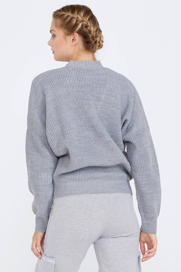 V Yaka Basic Triko Hırka - Gri - 4