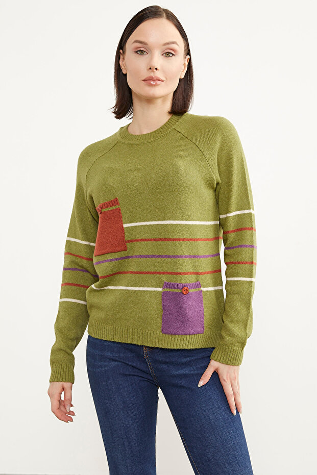 Color Striped Knitwear Sweater with Block Pockets - Green
