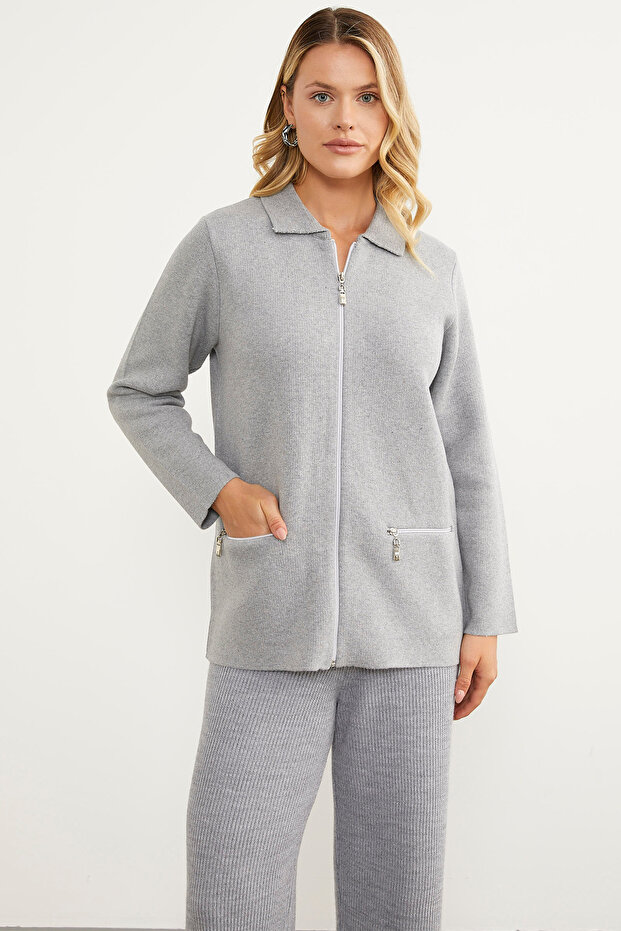 Pocketed Shirt Collar Zippered Knitwear Cardigan - Light Gray