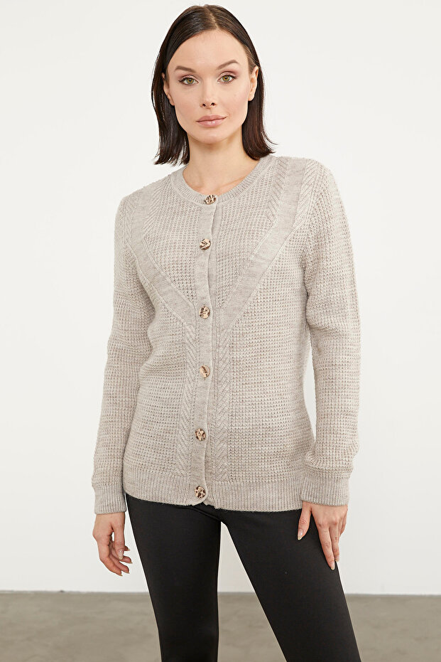 Honeycomb Knitted Buttoned Knitwear Cardigan - Beige