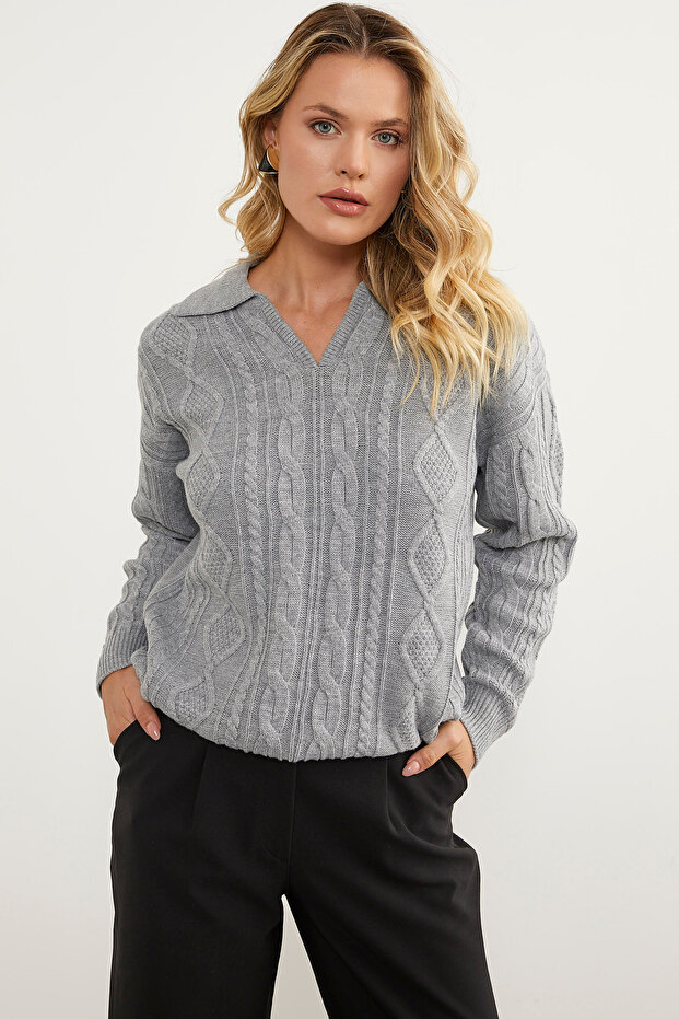 سترة تريكو منقوشة بياقة بولو - رمادي فاتح - 5