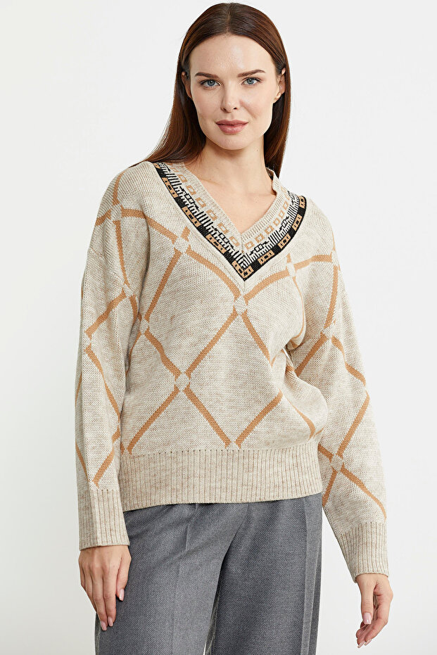 Jacquard Multi-Pattern Wool Knit Sweater - Beige - 2
