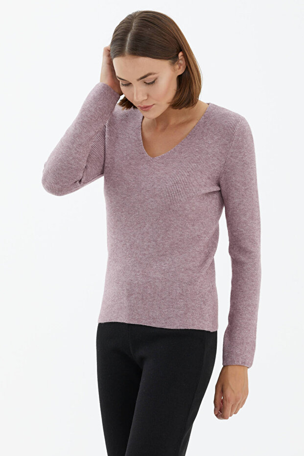 V Yaka Basic Triko Kazak - Gül - 2