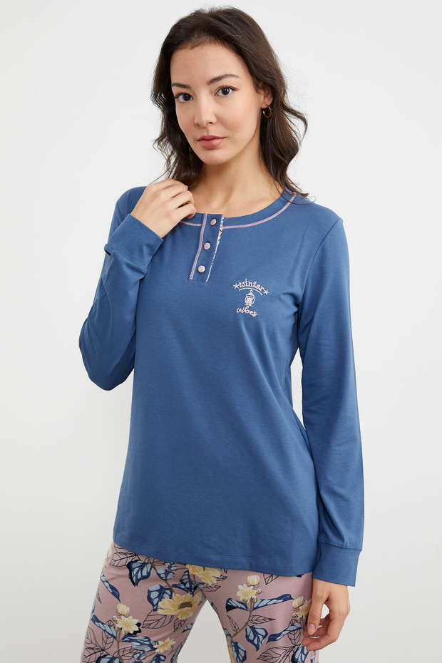 طقم بيجامة منقوشة سادة - نيلي - 5