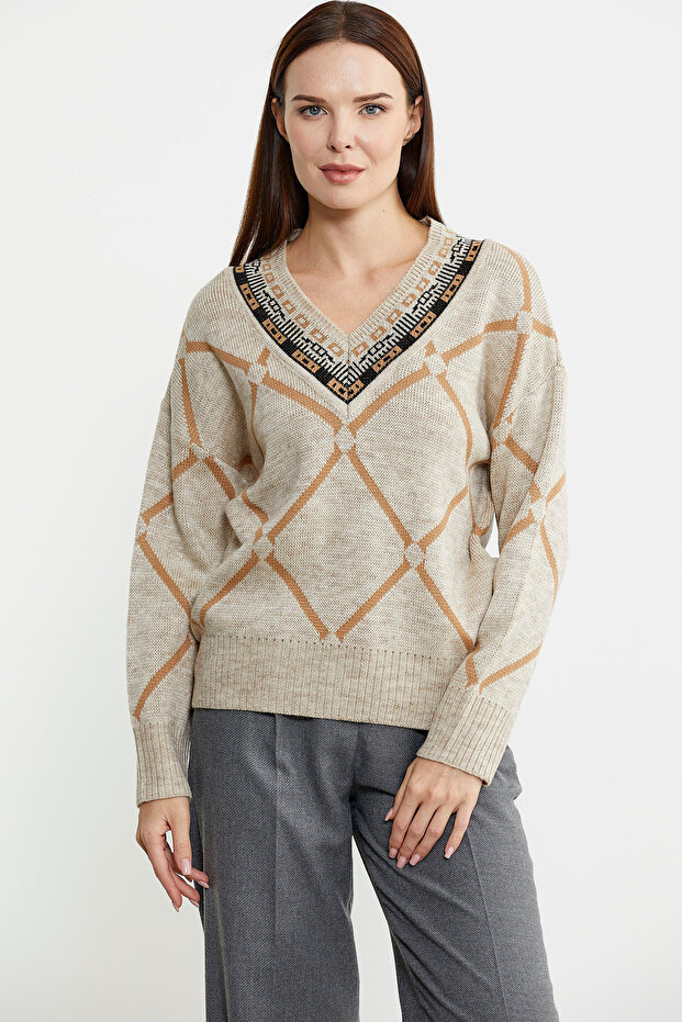 Jacquard Multi-Pattern Wool Knit Sweater - Beige - 1