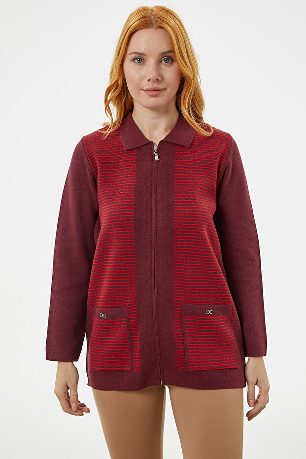 Thick Zippered Pocket Detailed Knitwear Cardigan - Claret Red