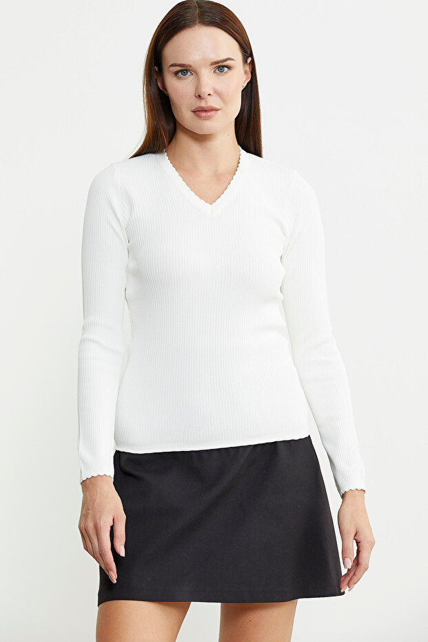 Fitilli V Yaka Basic Triko Kazak - Kemik - 2