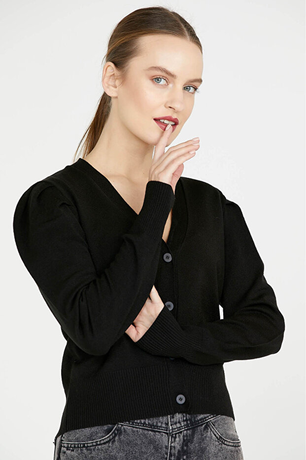 Balon Kol Triko Hırka - Siyah - 3