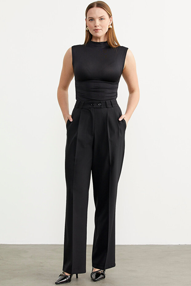 High Waist Pleated Palazzo Pants - Black