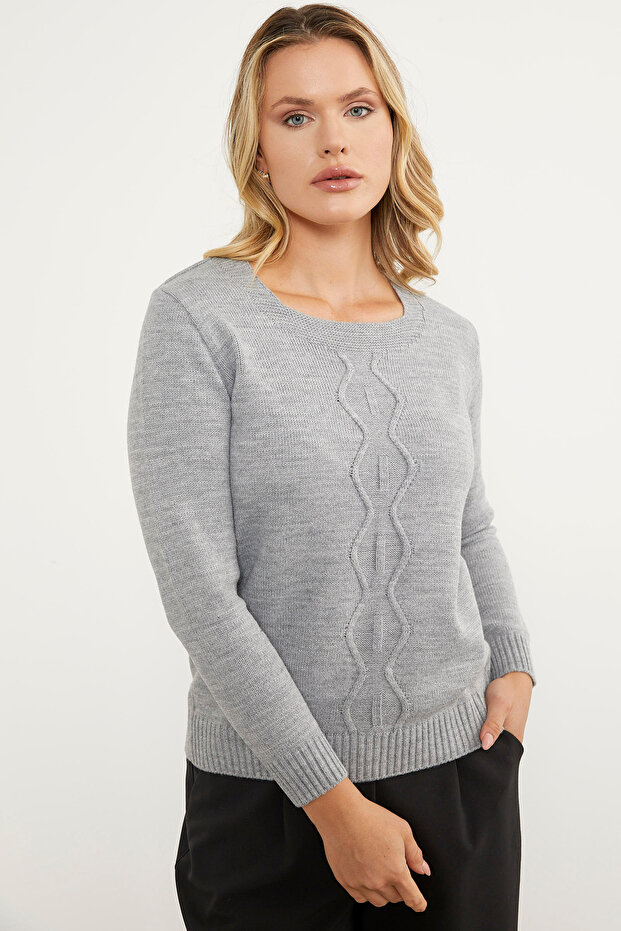 Önü Örgü Detaylı Triko Basic Kazak - Gri - 1