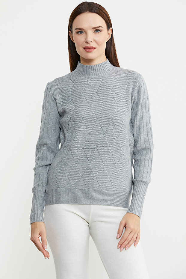 Half Fisherman Motif Knitwear Sweater - Gray