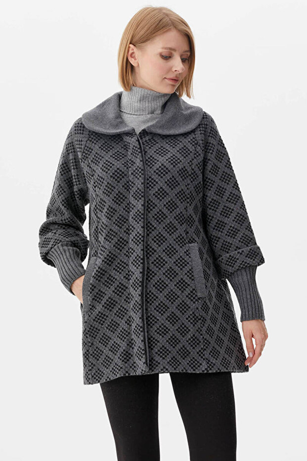 سترة تريكو منقوشة منقوشة - رمادي - 3