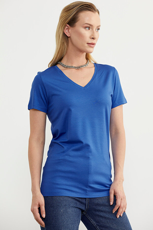 V Yaka Dökümlü Basic Tişört - Saks - 3