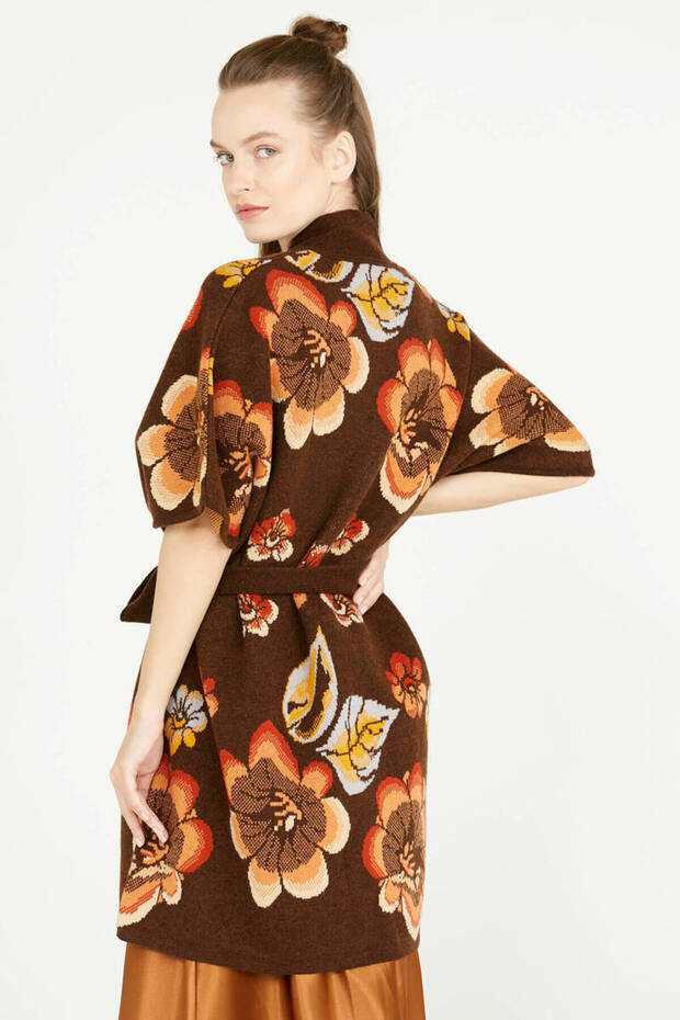 Floral Patterned Long Knitwear Jacket - Brown - 4