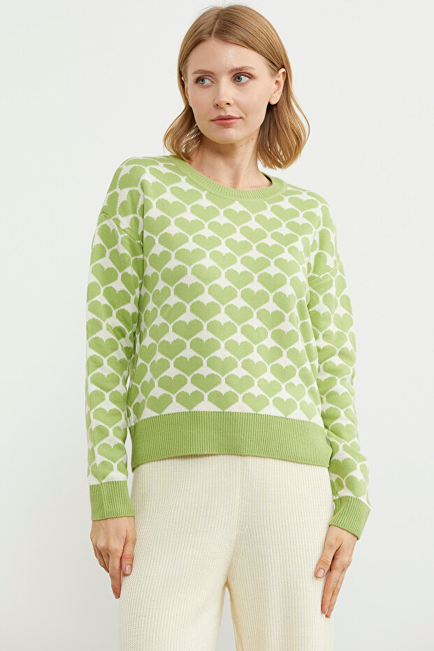 Heart Patterned Crew Neck Sweater - Green - 4