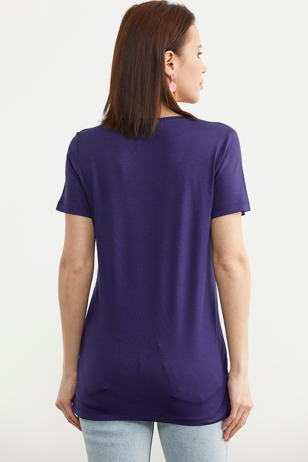 V Yaka  Dökümlü Basic Tişört - Lacivert - 4