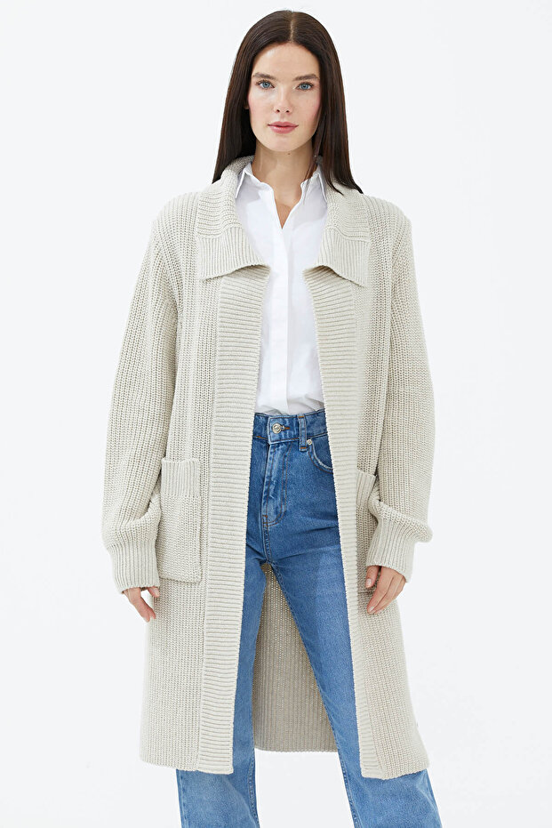 Wide Collar Casual Knitwear Long Cardigan Light Beige