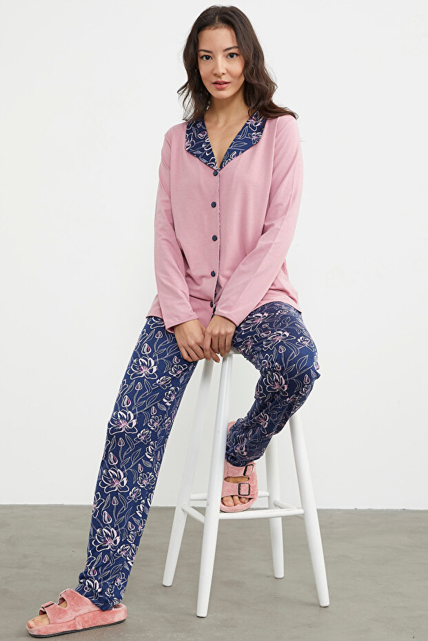 Open Collar Buttoned Pajama Set - Pink