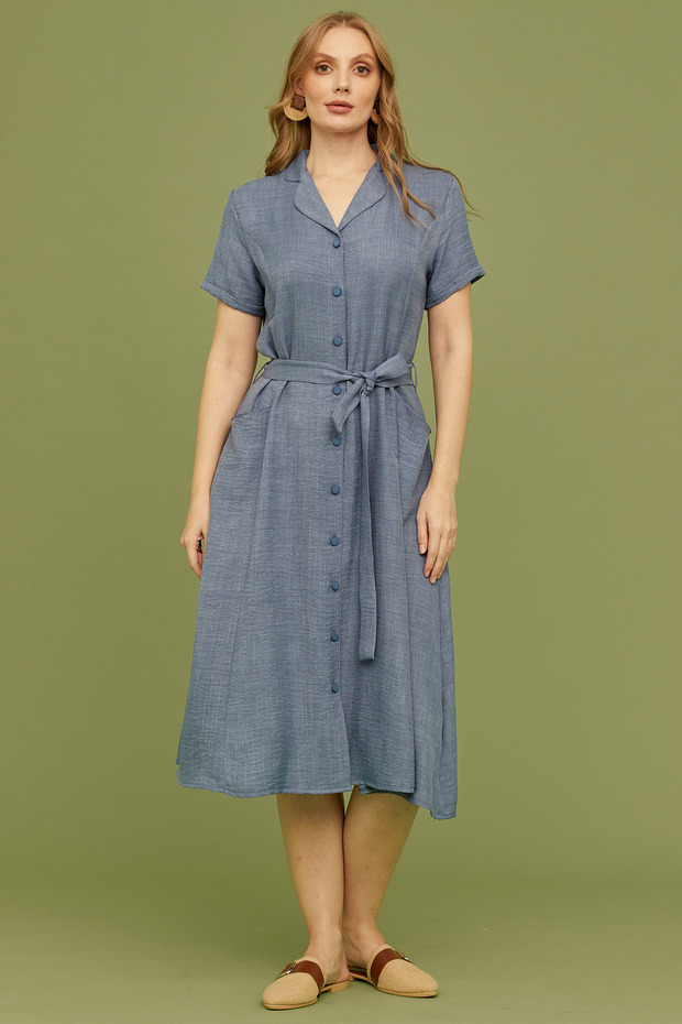 Linen Look Pocket Shirt Dress - Indigo