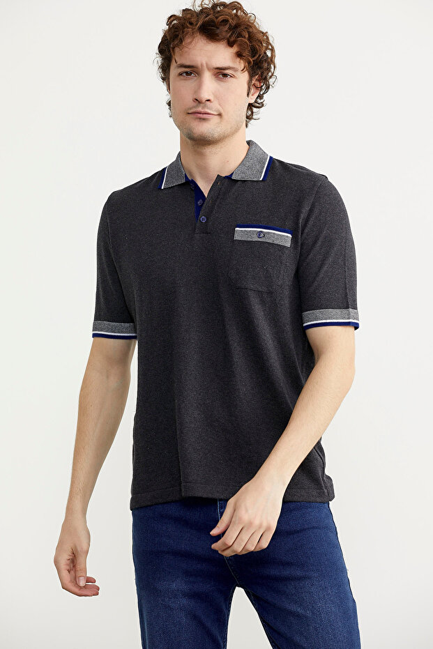 Color Combination Pocketed Cotton Knitwear T-Shirt - Anthracite