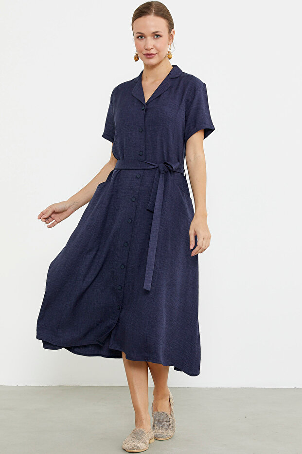 Linen Look Pocket Shirt Dress - Navy Blue