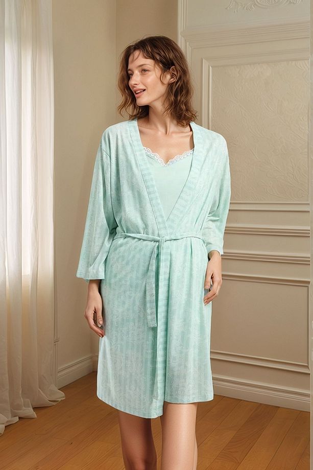 Kadın Yeşil Kısa Kollu Regular Viskon Şortlu Sabahlıklı Pijama Takımı Q9.U.0O.K7.K.A7.P.C - 5