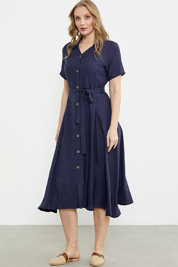 Rochie cămașă lungă cu aspect de in - bleumarin - 4