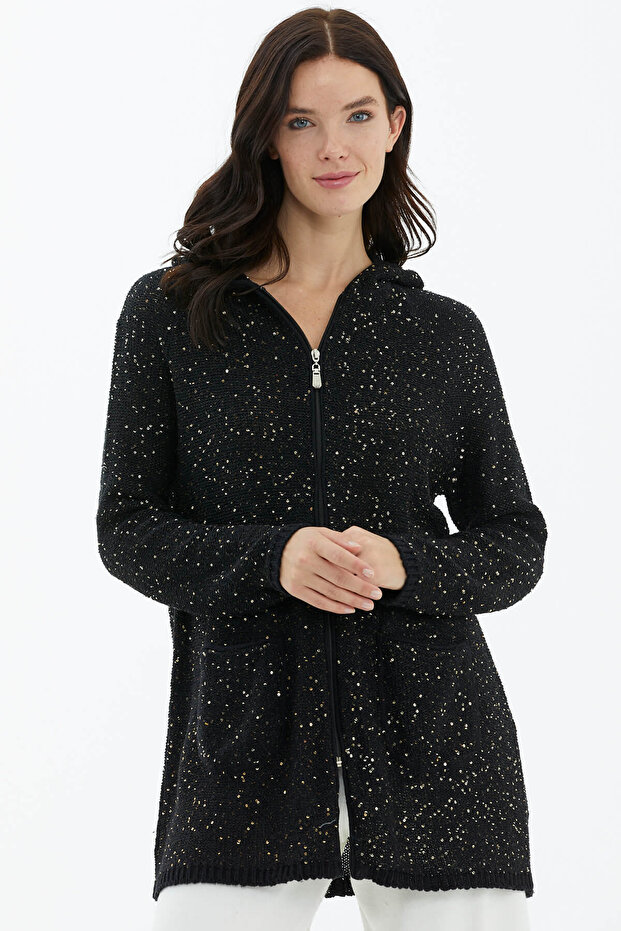 Kapüşonlu Fermuarlı Pullu Triko Hırka - Siyah - 1