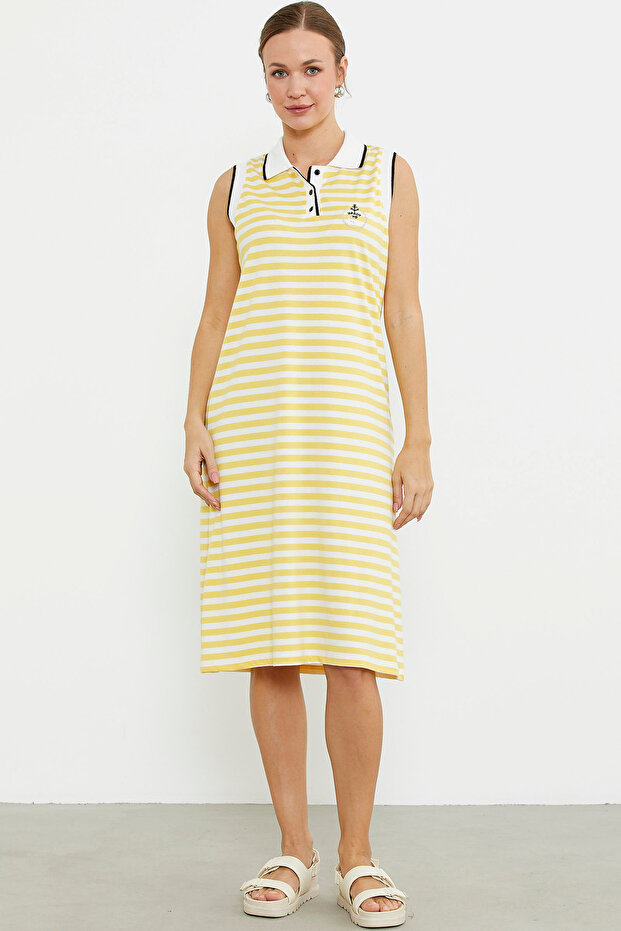 Polo Neck Marine Striped Dress - Yellow