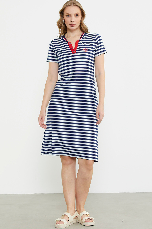 Marine Collar Detailed Combed Cotton Dress - Navy Blue