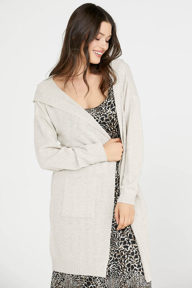 Hooded Long Knitwear Cardigan - Light Beige