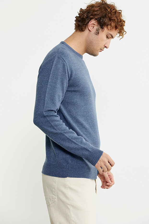 Basic Sıfır Yaka Triko Kazak - Indigo - 5