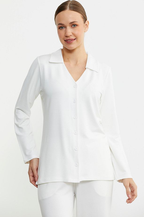Gömlek Model Nakışlı Pijama Takım - Ekru - 2