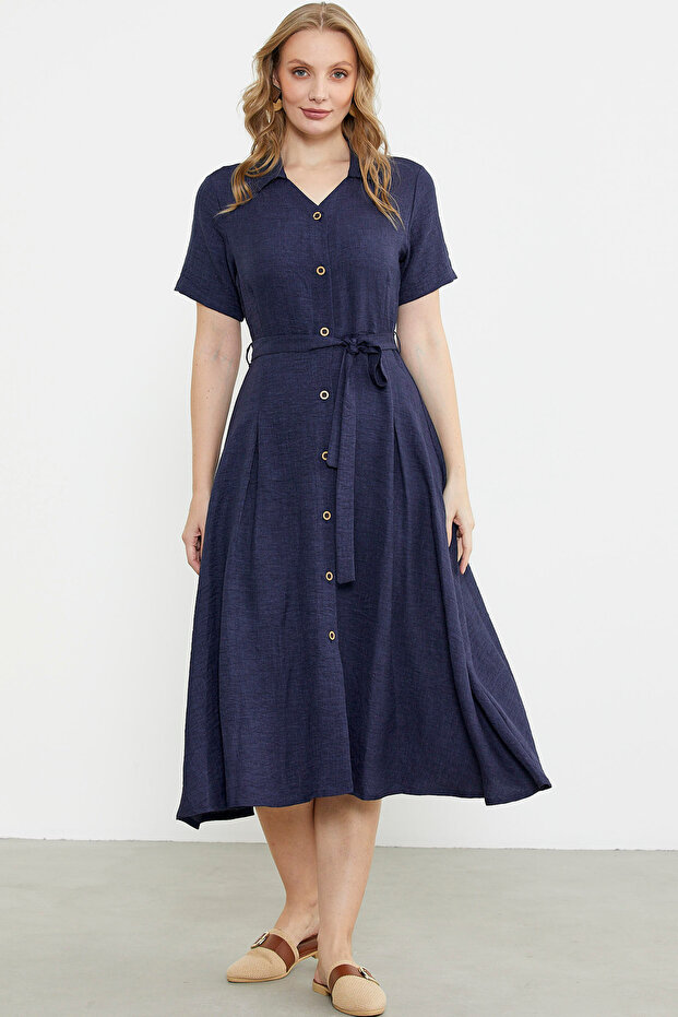 Rochie cămașă lungă cu aspect de in - bleumarin - 3