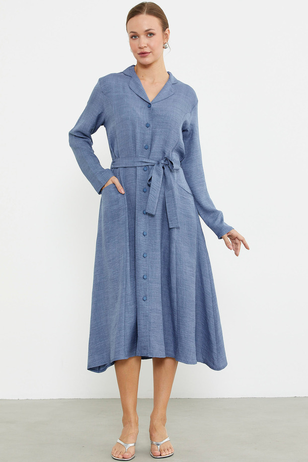 Linen Look Long Sleeve Shirt Dress - Indigo