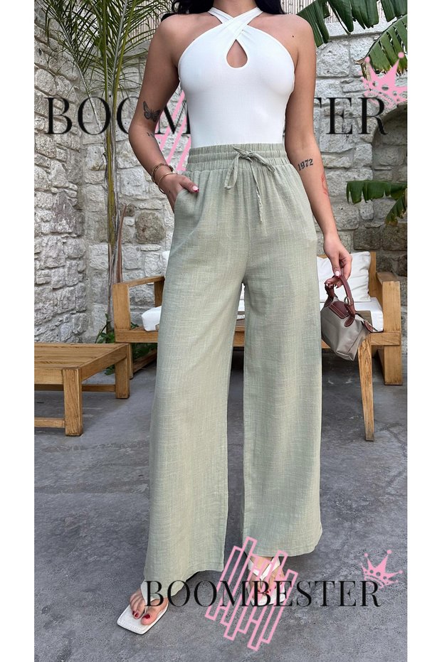 Women's Linen Elastic Waist Palazzo Trousers - Lined Relaxed Fit Loose Wide Leg Summer Palazzo