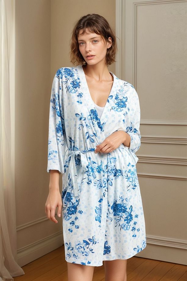 Kadın Lacivert Çiçek Desenli Kısa Kollu Regular Viskon 3'lü Pijama Takımı Q9.U.0O.K8.K.A2.P.C - 6
