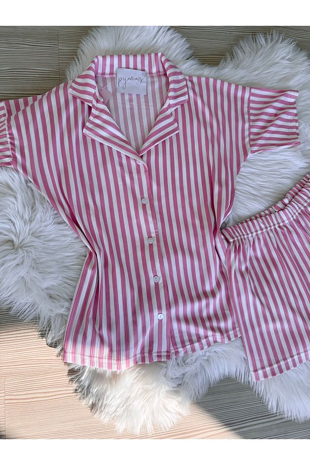 Pembe Çizgili Desenli Pegasus Şortlu Pijama Takımı - 7