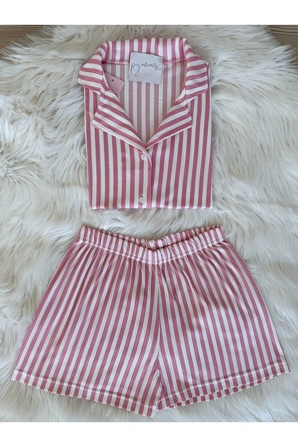 Pembe Çizgili Desenli Pegasus Şortlu Pijama Takımı - 1