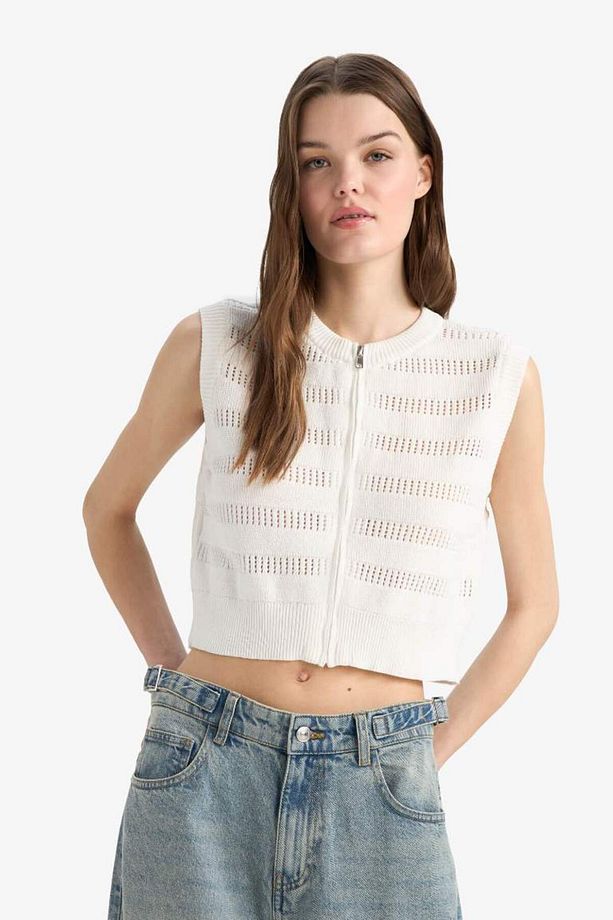Regular Fit Bisiklet Yaka Fermuarlı Triko Yelek E7301ax25sp - 5