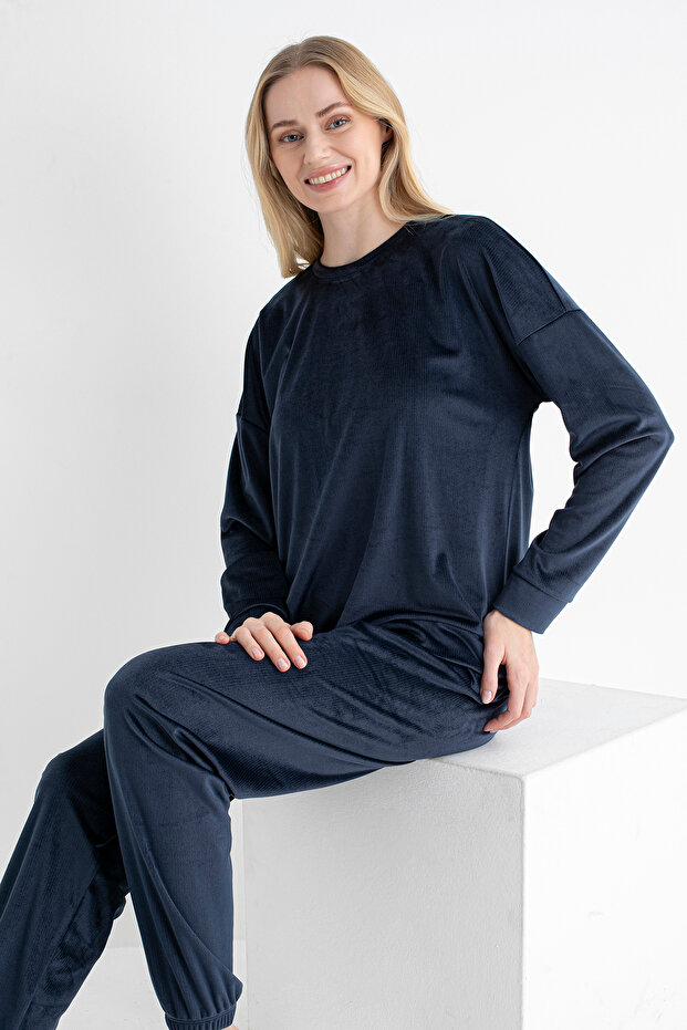 Women's Long Sleeve Corded Fabric Velvet Set – Navy Blue, Soft and Stylish