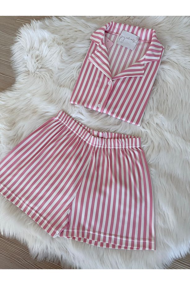 Pembe Çizgili Desenli Pegasus Şortlu Pijama Takımı - 4