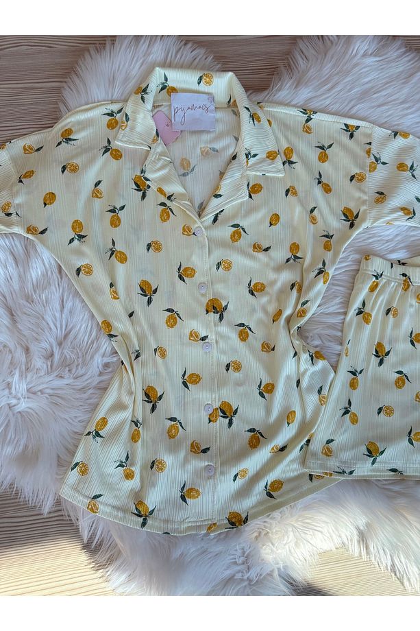 Sarı Limon Desenli Pegasus Şortlu Pijama Takımı - 7