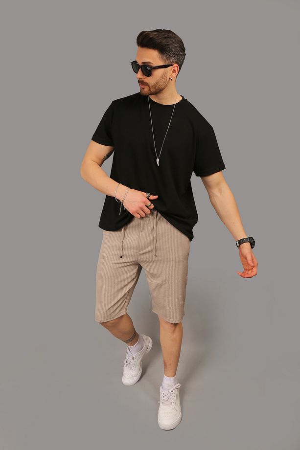 Erkek Line Pattern Likralı Jogger Beli Lastikli Arka Cep Fermuarlı Yazlık Şort - 5