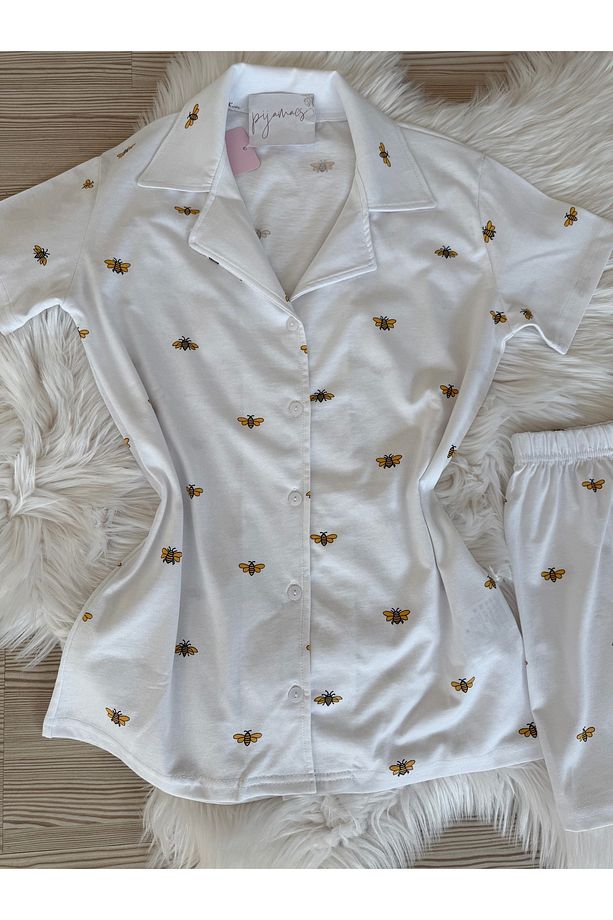 Minik Arı Desenli Pamuklu Kısa Kol Gömlek Yaka Şortlu Pijama Takımı - 8