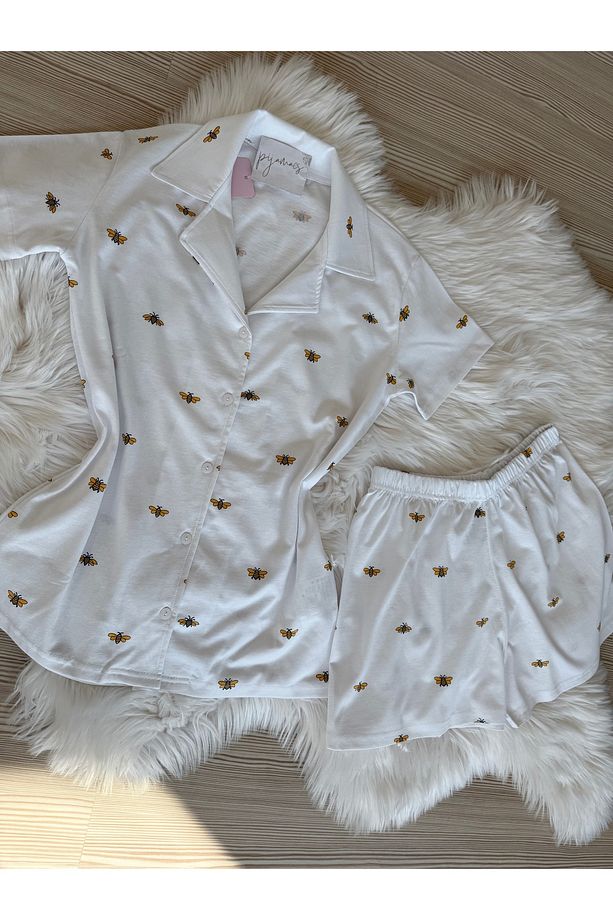 Minik Arı Desenli Pamuklu Kısa Kol Gömlek Yaka Şortlu Pijama Takımı - 6