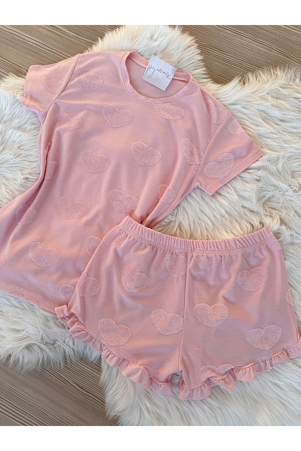 Pembe Kalp Dokulu Fırfır Detaylı Jakarlı Şortlu Pijama Takımı - 7